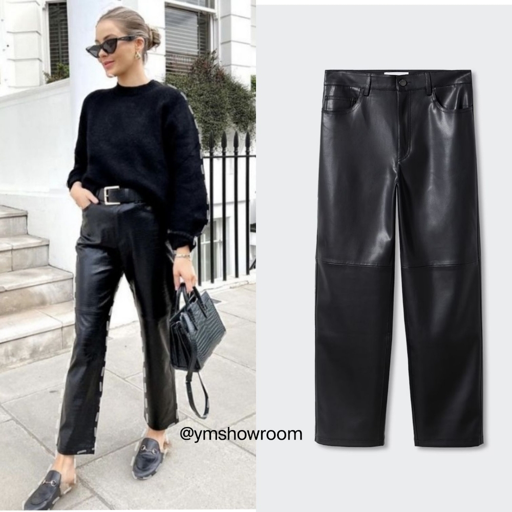Mango Black Faux Leather Straight-Leg Pants